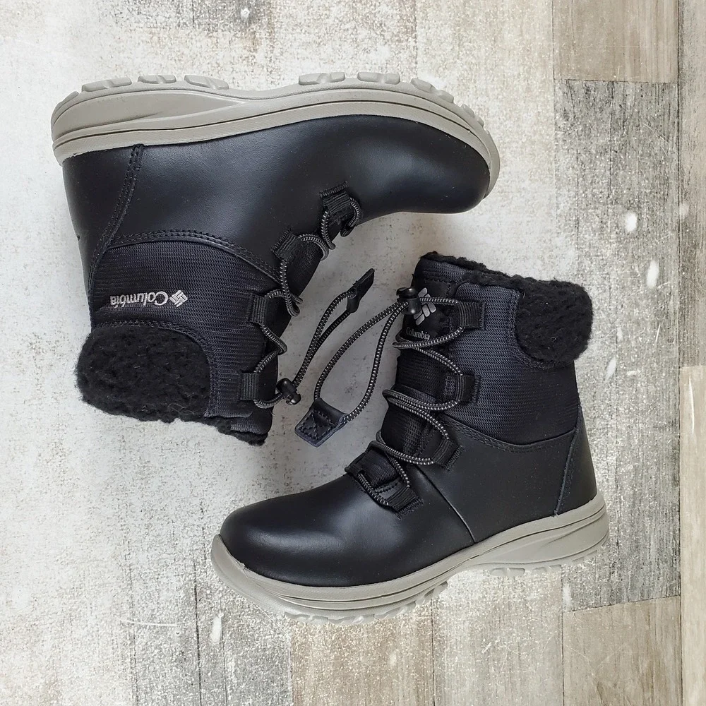 Columbia Moritza Boys Boot Sz 1 Black Leather Waterproof Round Toe Bungee Lacing